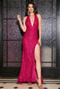 Load image into Gallery viewer, Hot Pink Mermaid Halter Sequin Prom Dress With Slit