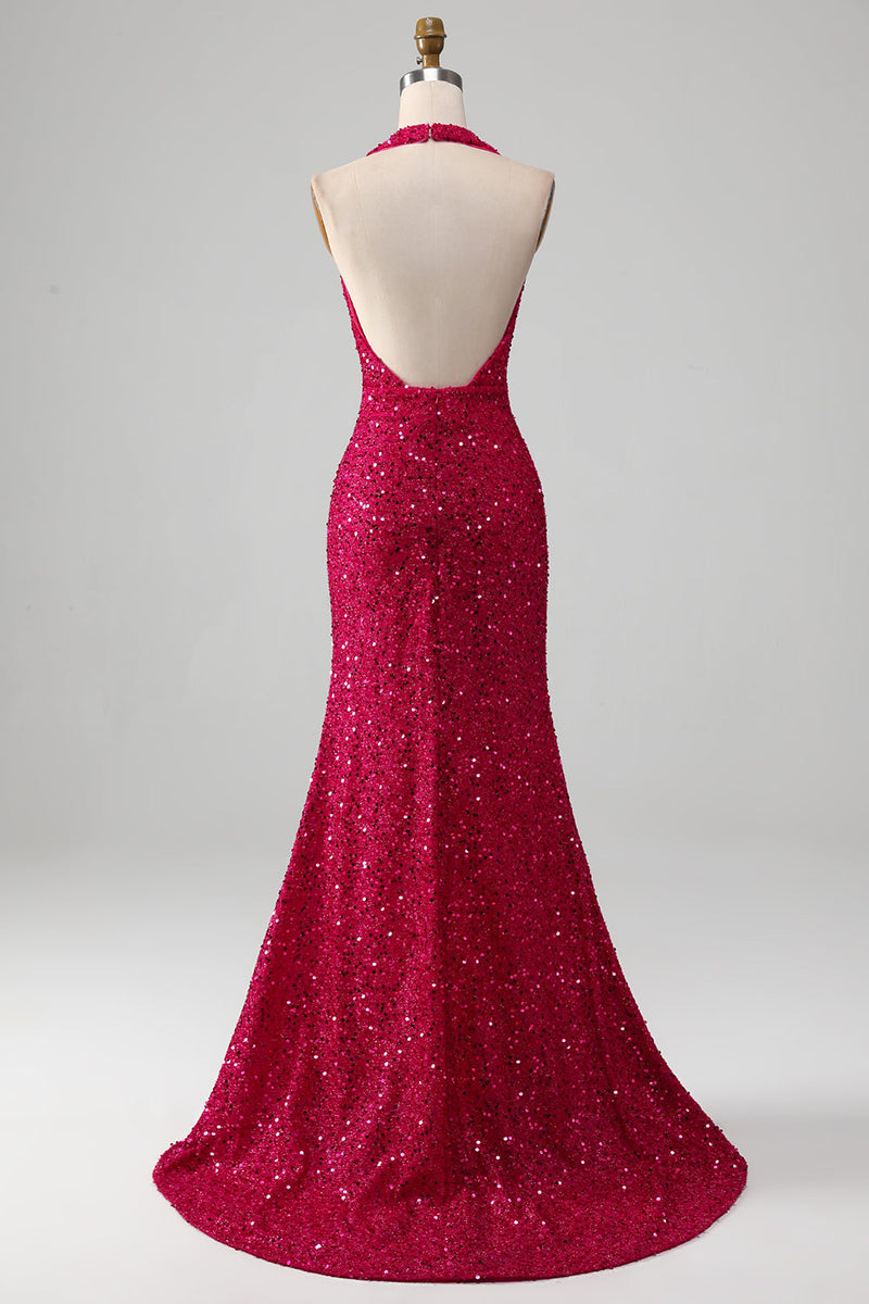 Load image into Gallery viewer, Fuchsia Mermaid Halter Sequin Prom Dress With Slit