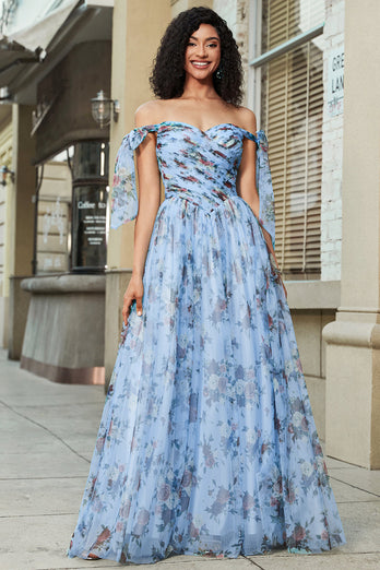 Blue A-Line Printed Adjustable Straps Long Prom Dress