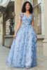 Load image into Gallery viewer, Blue A-Line Printed Adjustable Straps Long Prom Dress