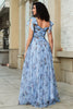 Load image into Gallery viewer, Blue A-Line Printed Adjustable Straps Long Prom Dress