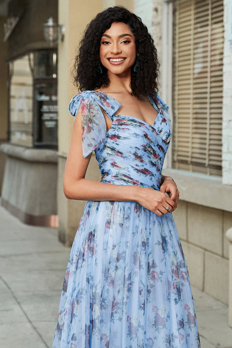 Load image into Gallery viewer, Blue A-Line Printed Adjustable Straps Long Prom Dress