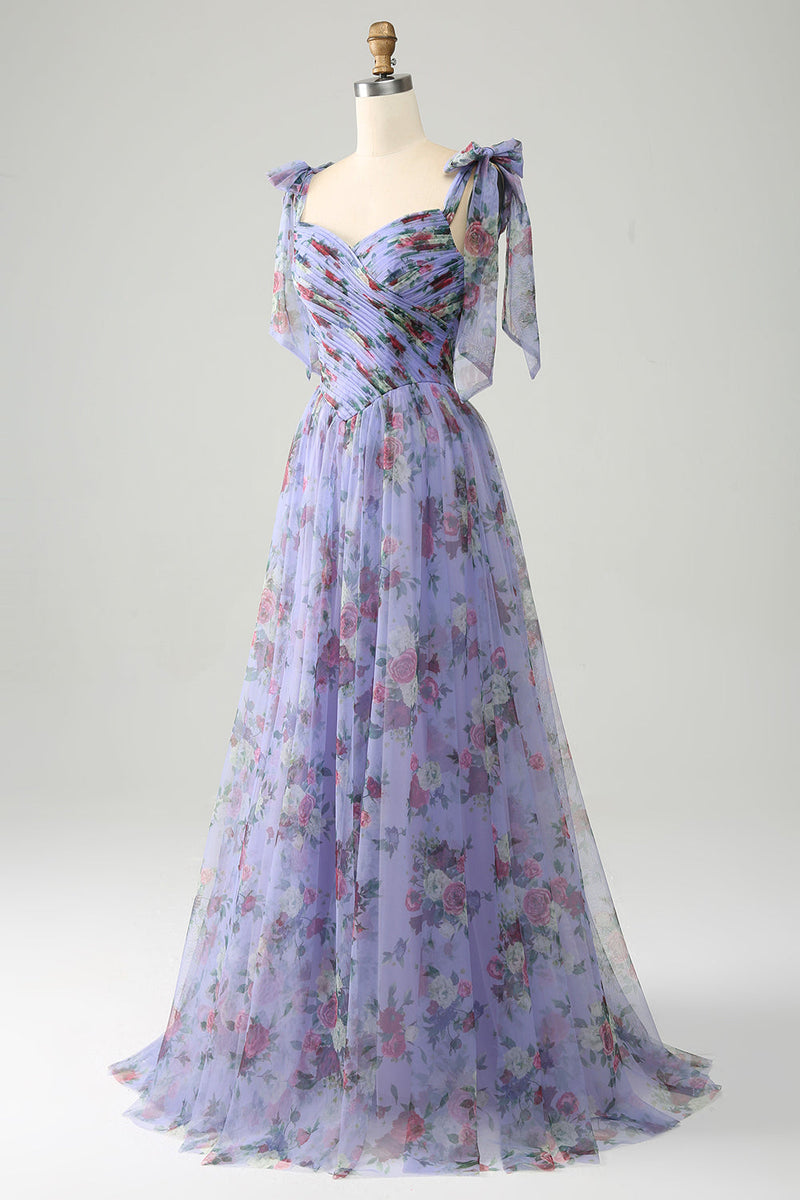 Load image into Gallery viewer, A-Line Lavender Printed Adjustable Straps Long Prom Dress