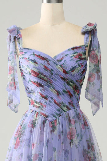 A-Line Lavender Printed Adjustable Straps Long Prom Dress