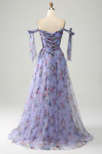 A-Line Lavender Printed Adjustable Straps Long Prom Dress