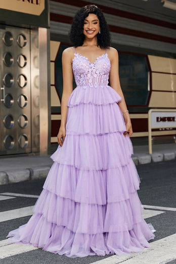 Princess A Line Spaghetti Straps Lilac Corset Prom Dress with Appliques Ruffles