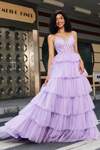 Princess A Line Spaghetti Straps Lilac Corset Prom Dress with Appliques Ruffles