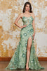 Load image into Gallery viewer, Spaghetti Straps Green Mermaid Corset Prom Dress with Appliques