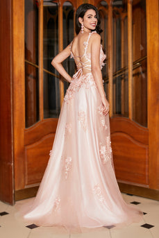 A-Line Spaghetti Straps Blush Long Prom Dress with Appliques