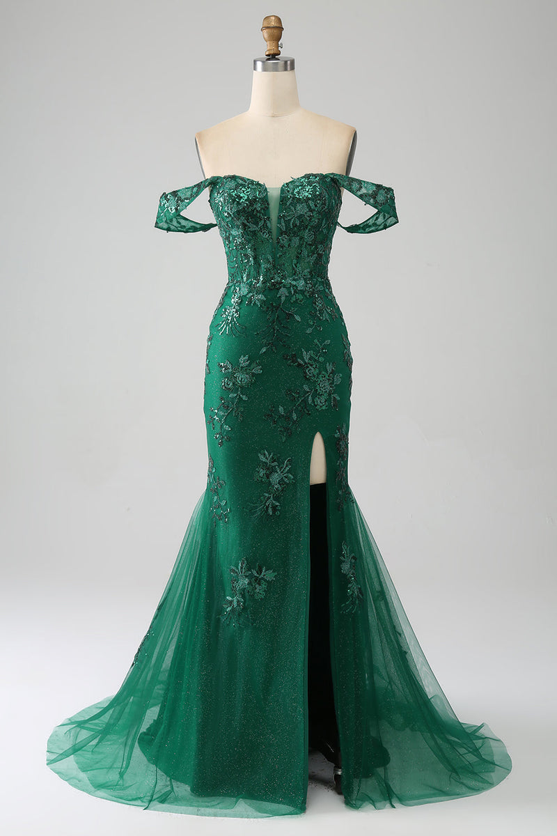 Load image into Gallery viewer, Mermaid Off The Shoulder Dark Green Prom Dress with Appliques