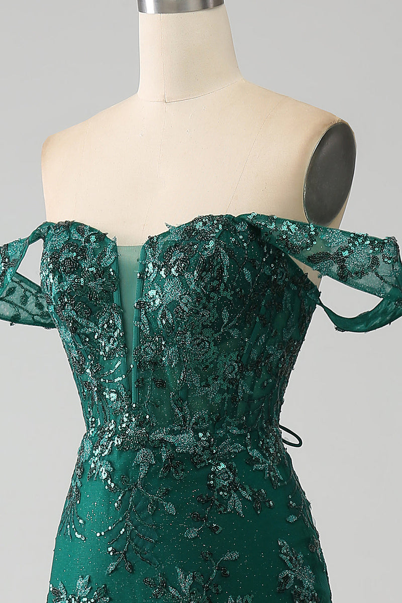 Load image into Gallery viewer, Mermaid Off The Shoulder Dark Green Prom Dress with Appliques