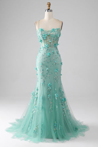 Green Mermaid Spaghetti Straps Long Prom Dress with Appliques