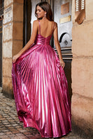 Hot Pink A-Line Spaghetti Straps Pleated ISparkly Prom Dress With Slit