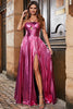 Load image into Gallery viewer, Golden A-Line Spaghetti Straps Pleated Sparkly Prom Dress with Slit