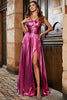 Load image into Gallery viewer, Hot Pink A-Line Spaghetti Straps Pleated Sparkly Prom Dress with Slit