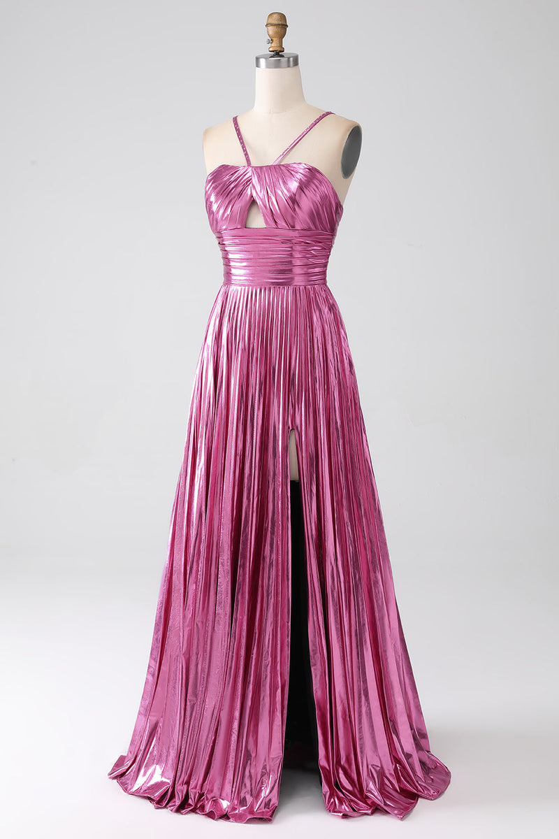 Load image into Gallery viewer, Fuchsia A-Line Spaghetti Straps Pleated Prom Dress with Slit