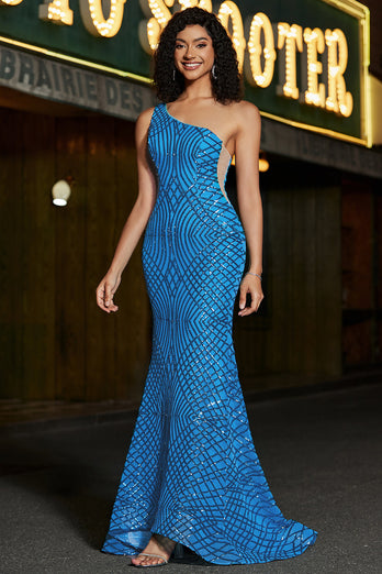 Mermaid One Shoulder Blue Long Prom Dress with Sequins
