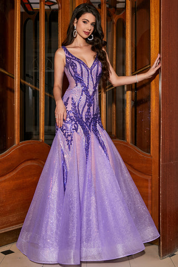 Stunning Mermaid V Neck Purple Sequins Long Prom Dress with Open Back