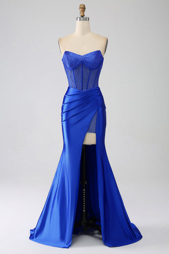 Royal Blue Mermaid Strapless Corset Long Prom Dress with Beading