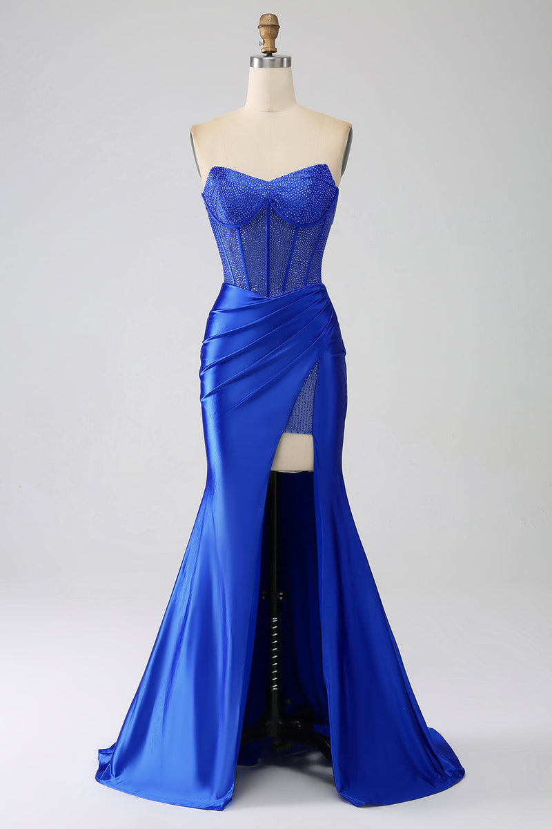 Load image into Gallery viewer, Royal Blue Mermaid Strapless Corset Long Prom Dress with Beading