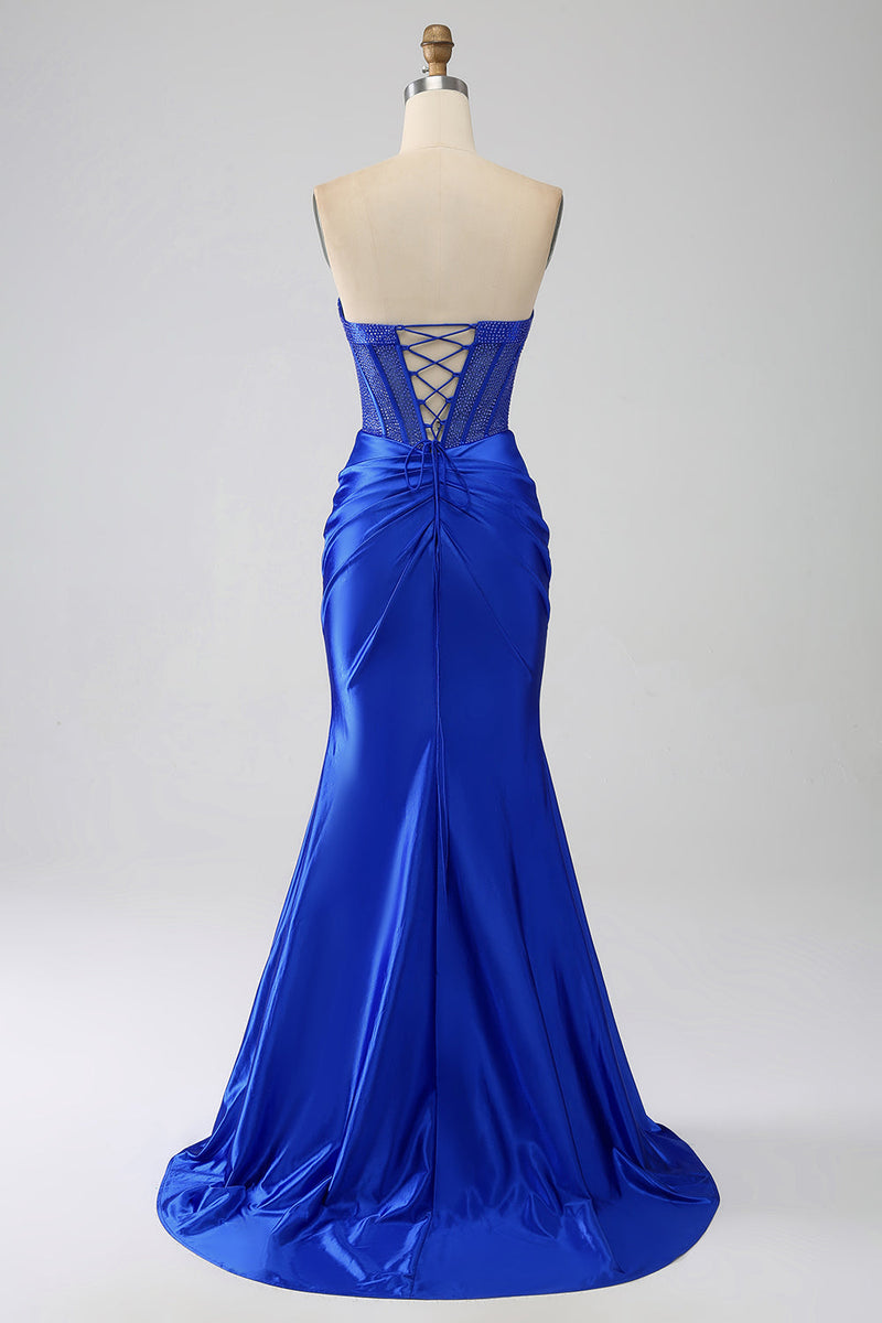Load image into Gallery viewer, Royal Blue Mermaid Strapless Corset Long Prom Dress with Beading