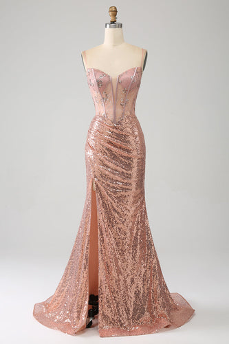 Rose Gold Mermaid Beaded Ruched Sequin Corset Prom Dress With Side Slit