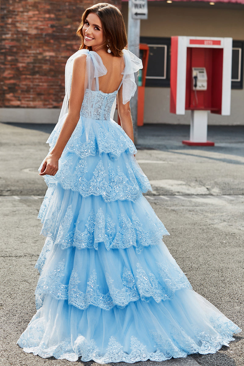 Load image into Gallery viewer, Tiered Tulle Sweetheart Bow Tie Straps Sequin Prom Dress with Appliques