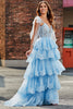 Load image into Gallery viewer, Tiered Tulle Sweetheart Bow Tie Straps Sequin Prom Dress with Appliques