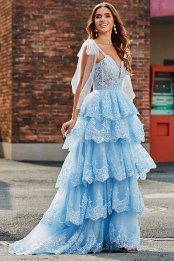 Tiered Tulle Sweetheart Bow Tie Straps Sequin Prom Dress with Appliques