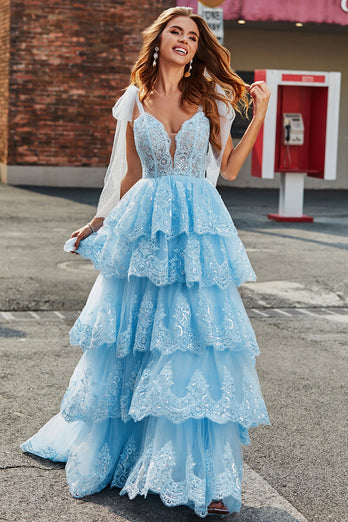 Tiered Tulle Sweetheart Bow Tie Straps Sequin Prom Dress with Appliques