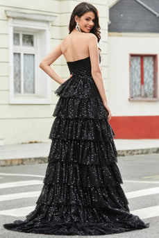 Stylish A Line Strapless Black Sequins Long Prom Dress with Ruffles