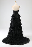 Stylish A Line Strapless Black Sequins Long Prom Dress with Ruffles