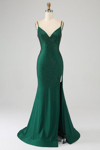 Sparkly Dark Green Beaded Long Mermaid Prom Dress with Slit