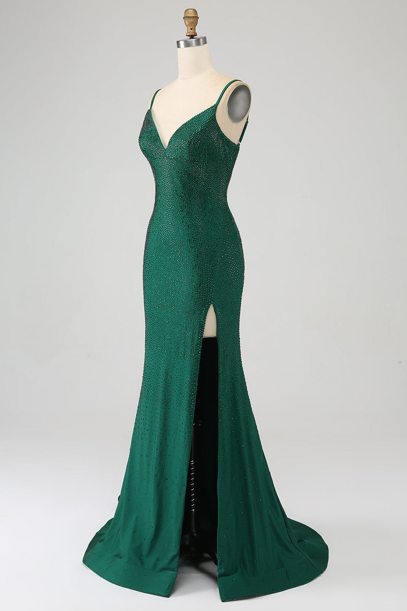 Load image into Gallery viewer, Sparkly Dark Green Beaded Long Mermaid Prom Dress with Slit