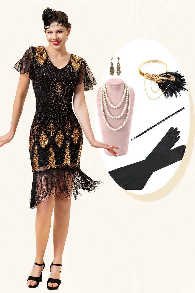 Load image into Gallery viewer, Black and Golden Sequins Fringes 1920s Gatsby Dress with 20s Accessories Set
