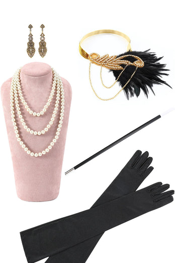Black and Golden Sequins Fringes 1920s Gatsby Dress with 20s Accessories Set