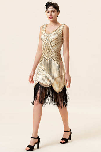 Champagne Sequins Fringes 1920s Flapper Dress with 20s Accessories Set