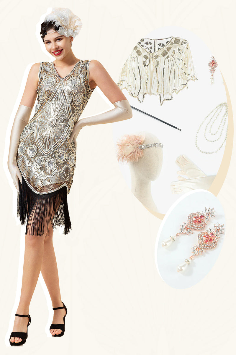 Load image into Gallery viewer, Silver Sequins Fringes 1920s Gatsby Dress with 20s Accessories Set