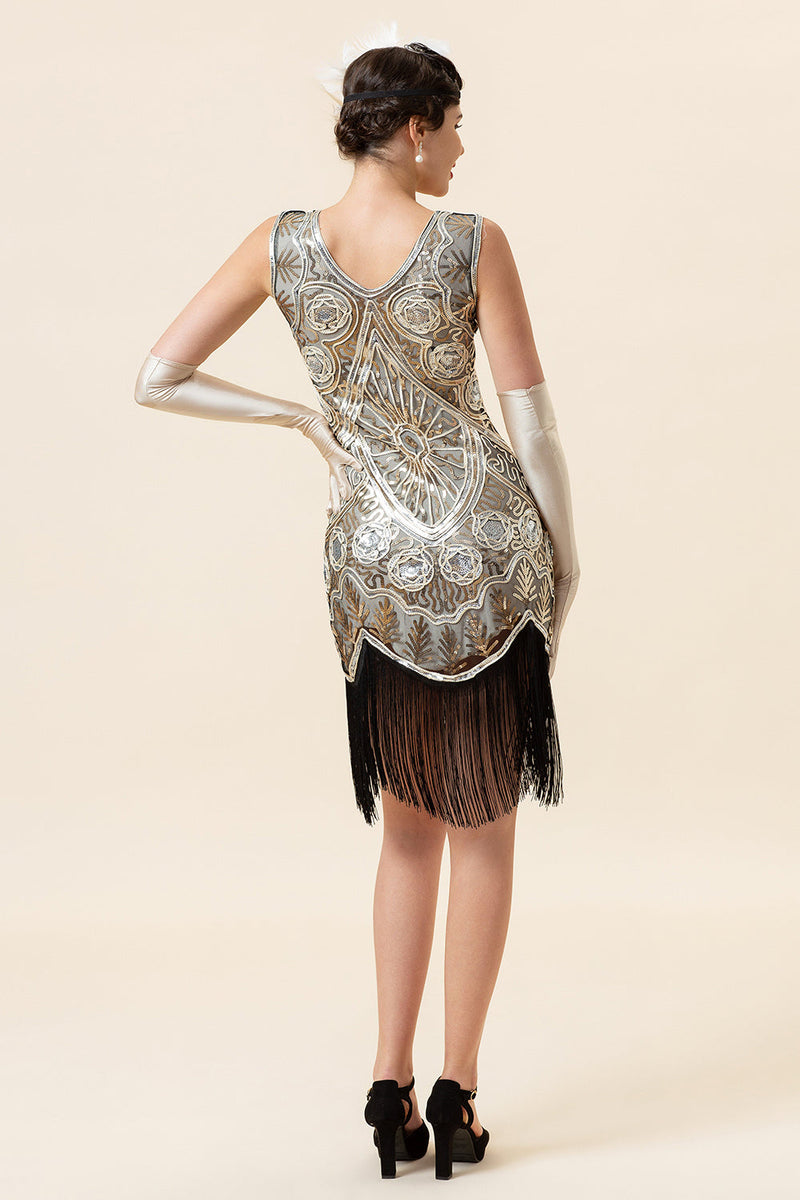 Load image into Gallery viewer, Silver Sequins Fringes 1920s Gatsby Dress with 20s Accessories Set