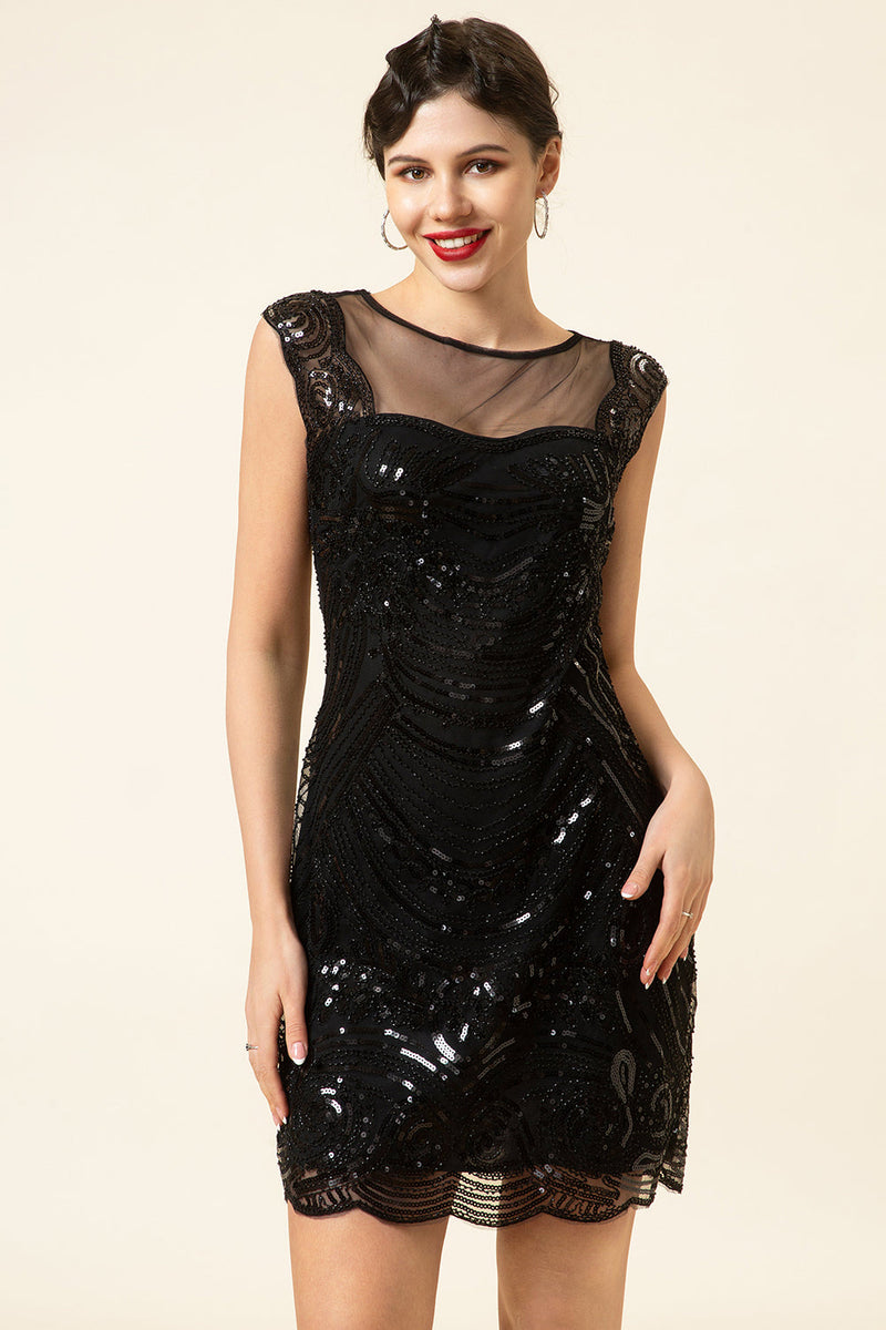 Load image into Gallery viewer, Black Sequined 1920s Gatsby Dress with 20s Accessories Set