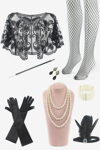 Black Sequined 1920s Gatsby Dress with 20s Accessories Set