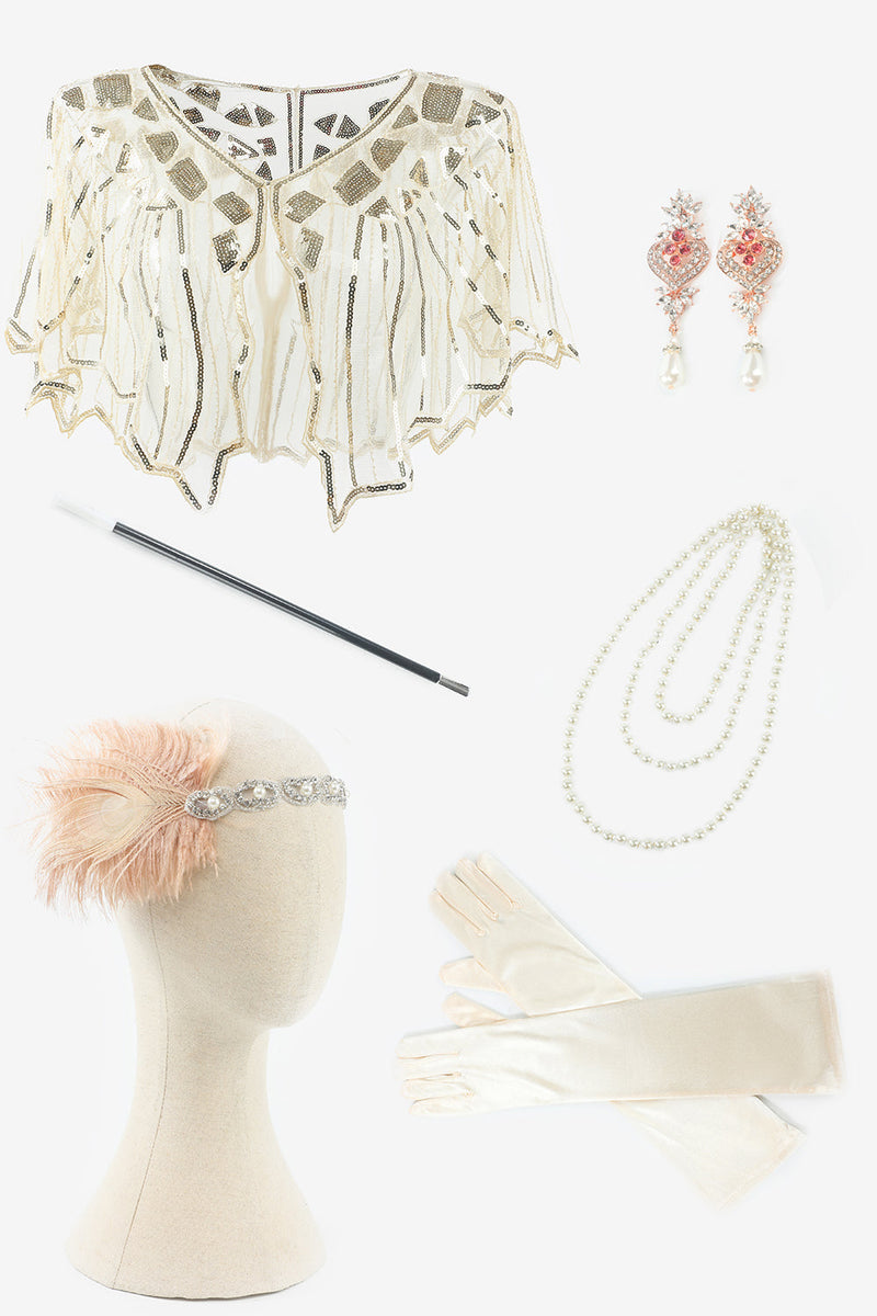 Load image into Gallery viewer, Golden Sequined Fringes 1920s Flapper Dress with 20s Accessories Set