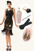Load image into Gallery viewer, Black and Golden Sequins Fringes 1920s Gatsby Flapper Dress with 20s Accessories Set