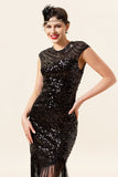 Black Sequined Fringes 1920s Gatsby Flapper Dress with 20s Accessories Set