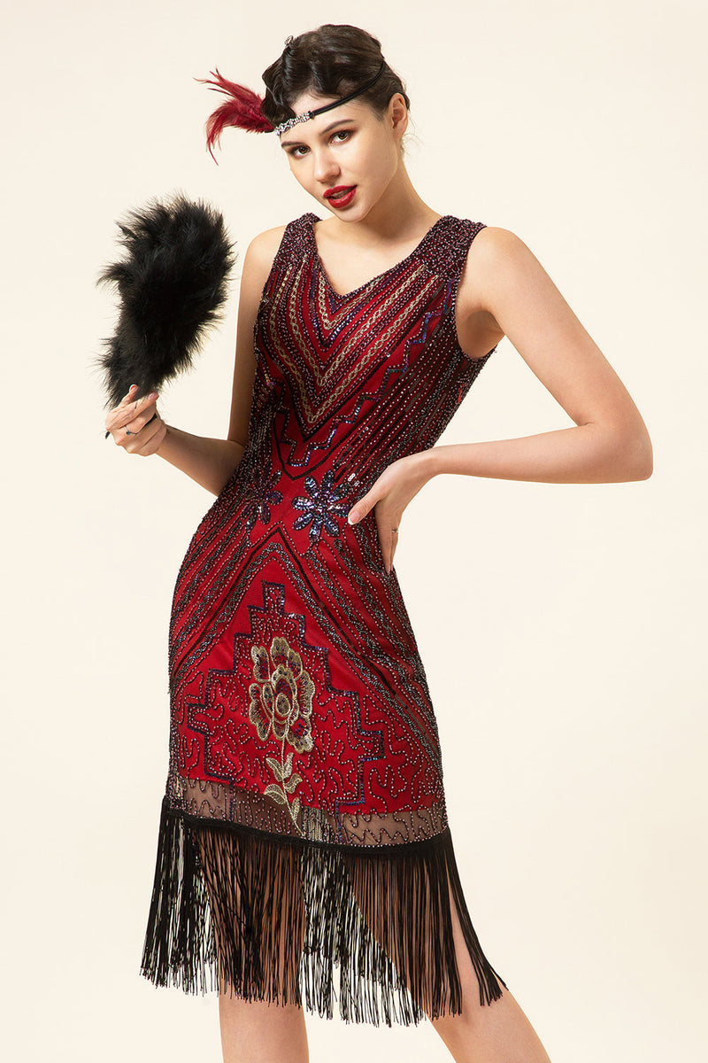 Load image into Gallery viewer, Burgundy Sequined Fringes 1920s Gatsby Flapper Dress with 20s Accessories Set