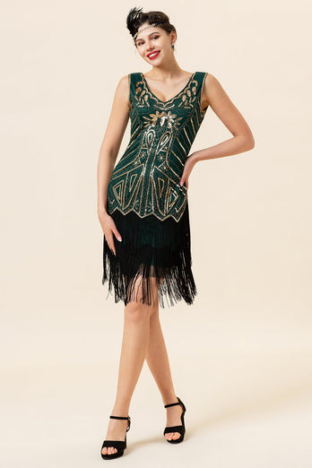 Dark Green Sequined Fringes 1920s Gatsby Flapper Dress with 20s Accessories Set