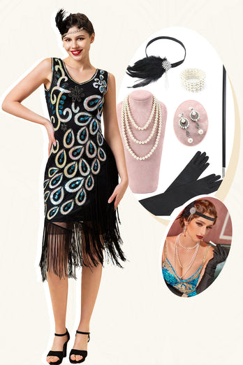 Black and Blue Sequined Fringes 1920s Gatsby Flapper Dress with 20s Accessories Set