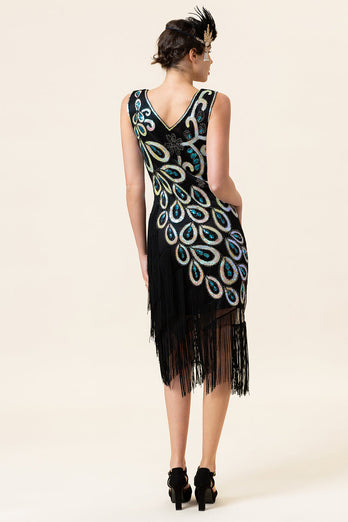 Black and Blue Sequined Fringes 1920s Gatsby Flapper Dress with 20s Accessories Set