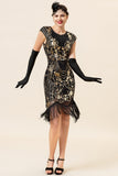 Black and Golden Cap Sleeves Sequined Fringes 1920s Gatsby Flapper Dress with 20s Accessories Set
