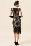 Black and Golden Cap Sleeves Sequined Fringes 1920s Gatsby Flapper Dress with 20s Accessories Set